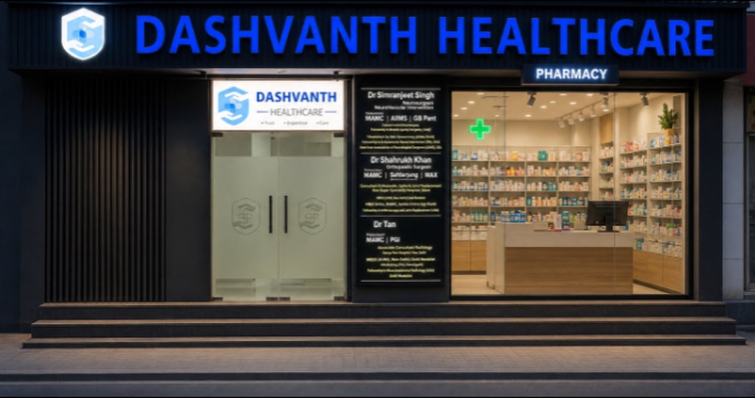The illuminated entrance of Dashvanth Healthcare in Krishna Nagar Extension
